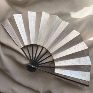Vintage 80s Silver-Leaf Folding Hand Fan with Black Ribs